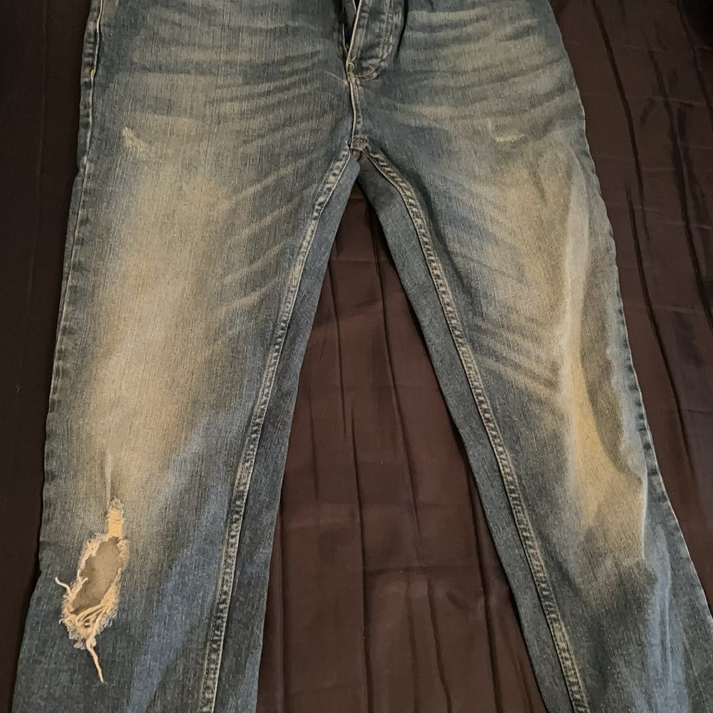 Topman Men's Relaxed Fit Distressed Blue Jeans